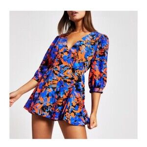 River Island Wrap Playsuit 3/4 Sleeve Romper Jumpsuit Blue Orange Women's Size 8